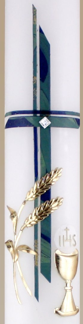 Kommunionkerze klassisch grün-blaues Kreuz, Ähren, Kelch