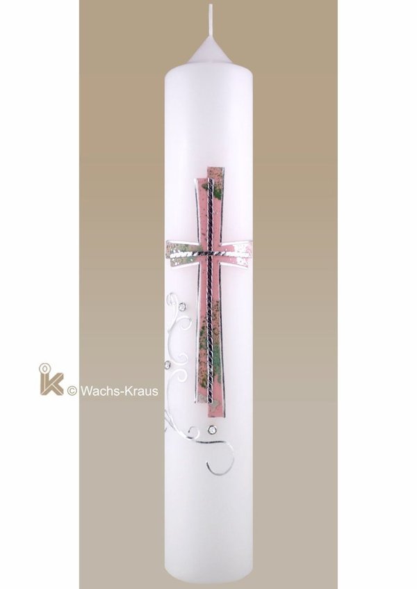 Taufkerze für Mädchen, modern, Kreuz marmoriert