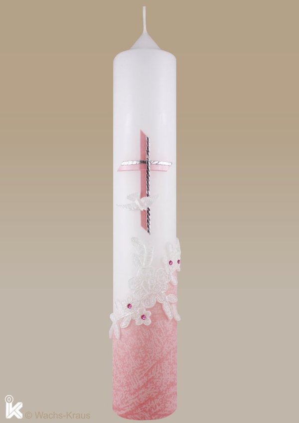 Taufkerze Spitzen-Optik, rosa getaucht